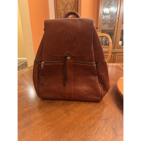 Vrai Cuir Large Brown Leather Backpack Drawstring Many Pockets 10” X 5 “ X 13” - Picture 5 of 16